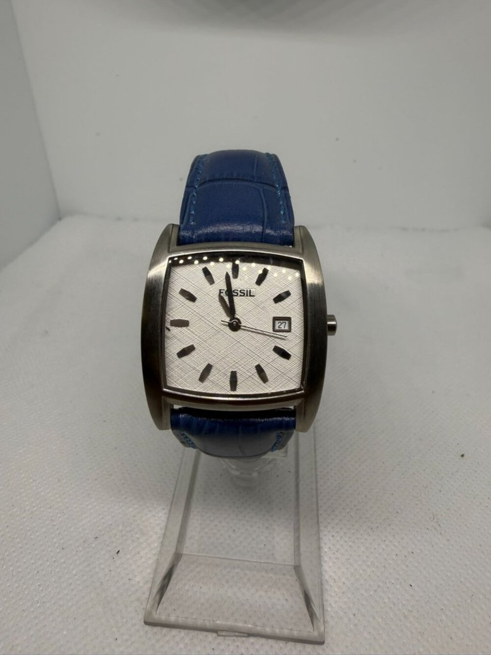 Fossil Women's 30mm Tonneau Stainless Steel White Dial Date Blue Leather Watch